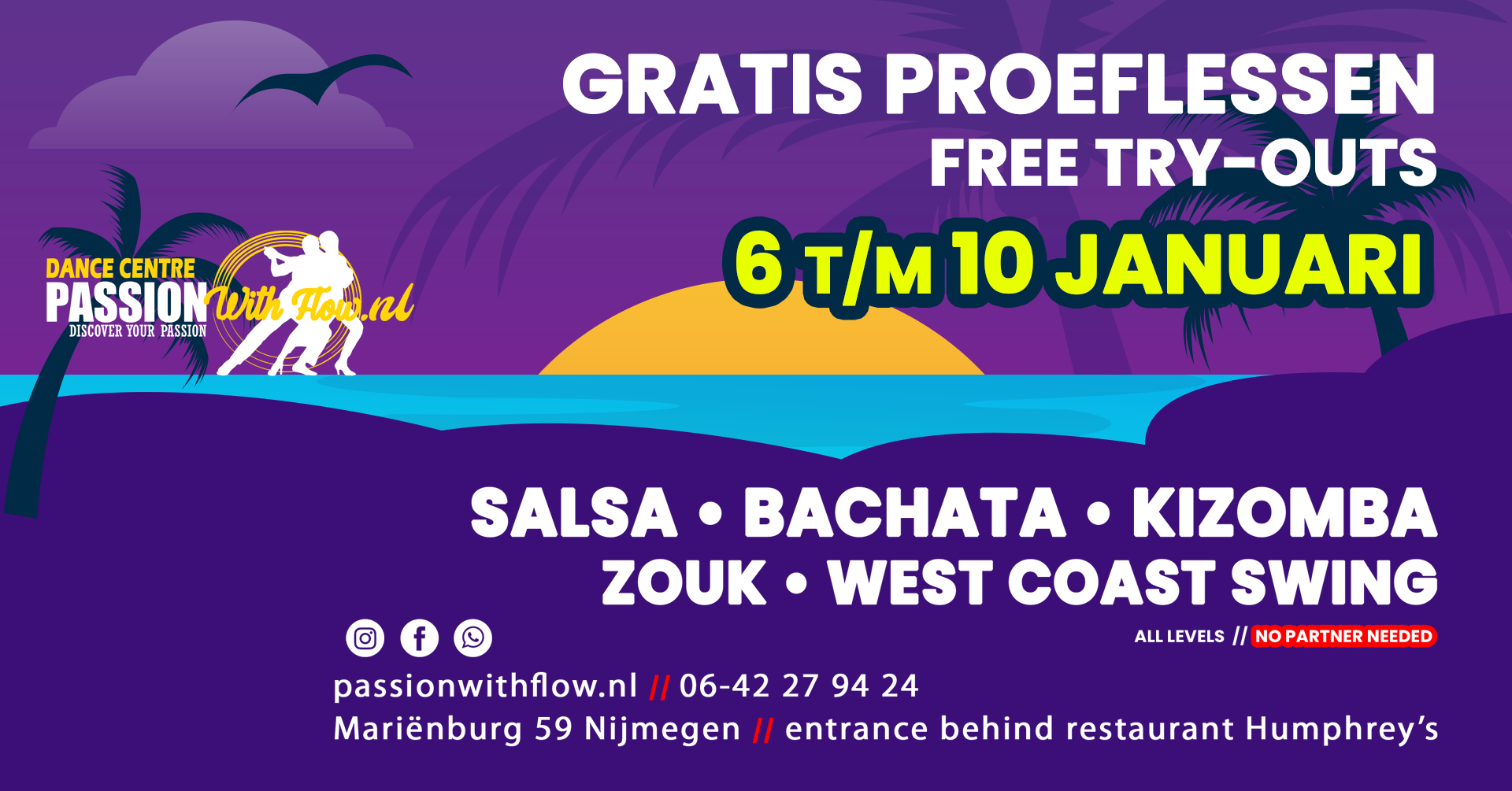 Proeflessen Salsa, Bachata, Kizomba, Zouk, West Coast Swing